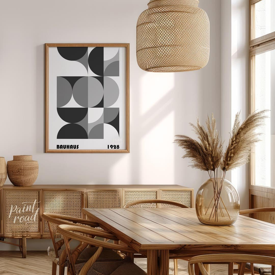 This compelling Bauhaus poster from 1928 presents a harmonious arrangement of circular and semi-cir… for dining room