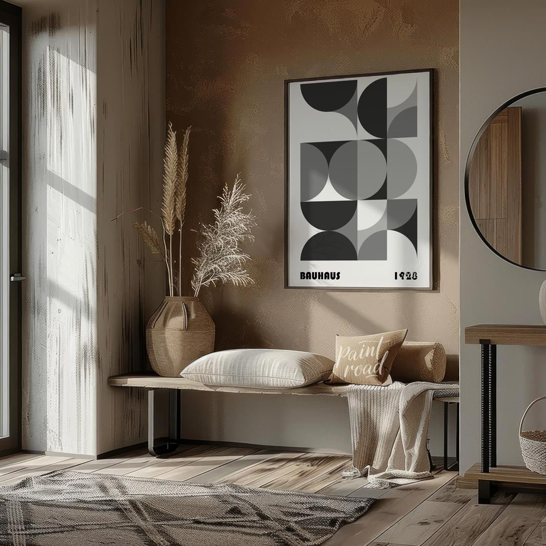 This compelling Bauhaus poster from 1928 presents a harmonious arrangement of circular and semi-cir… for entryway