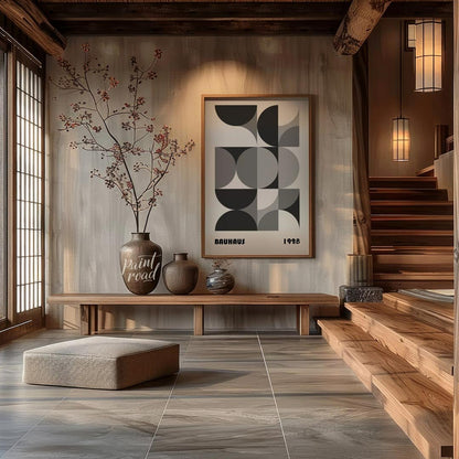 This compelling Bauhaus poster from 1928 presents a harmonious arrangement of circular and semi-cir… for entryway