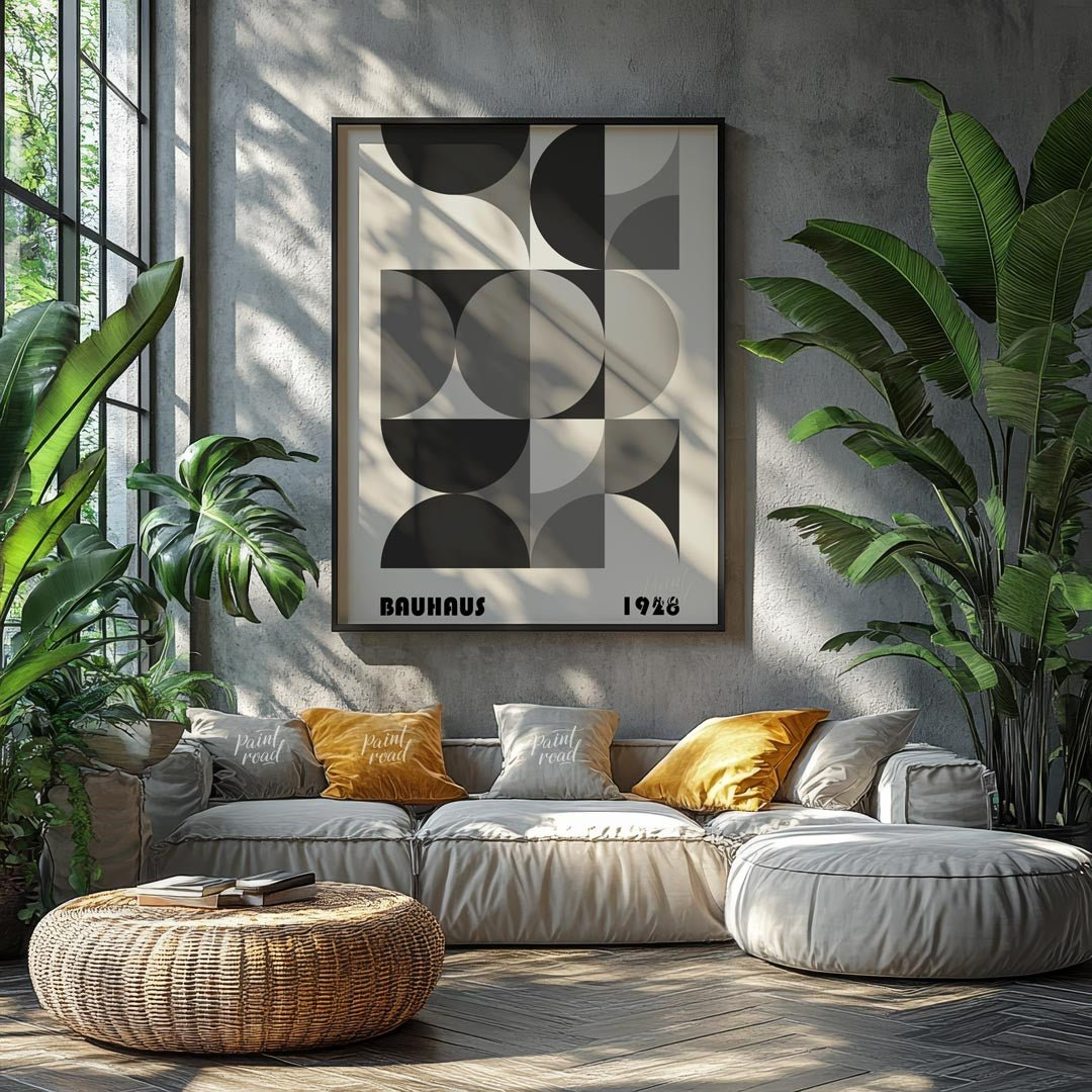 This compelling Bauhaus poster from 1928 presents a harmonious arrangement of circular and semi-cir… for living room