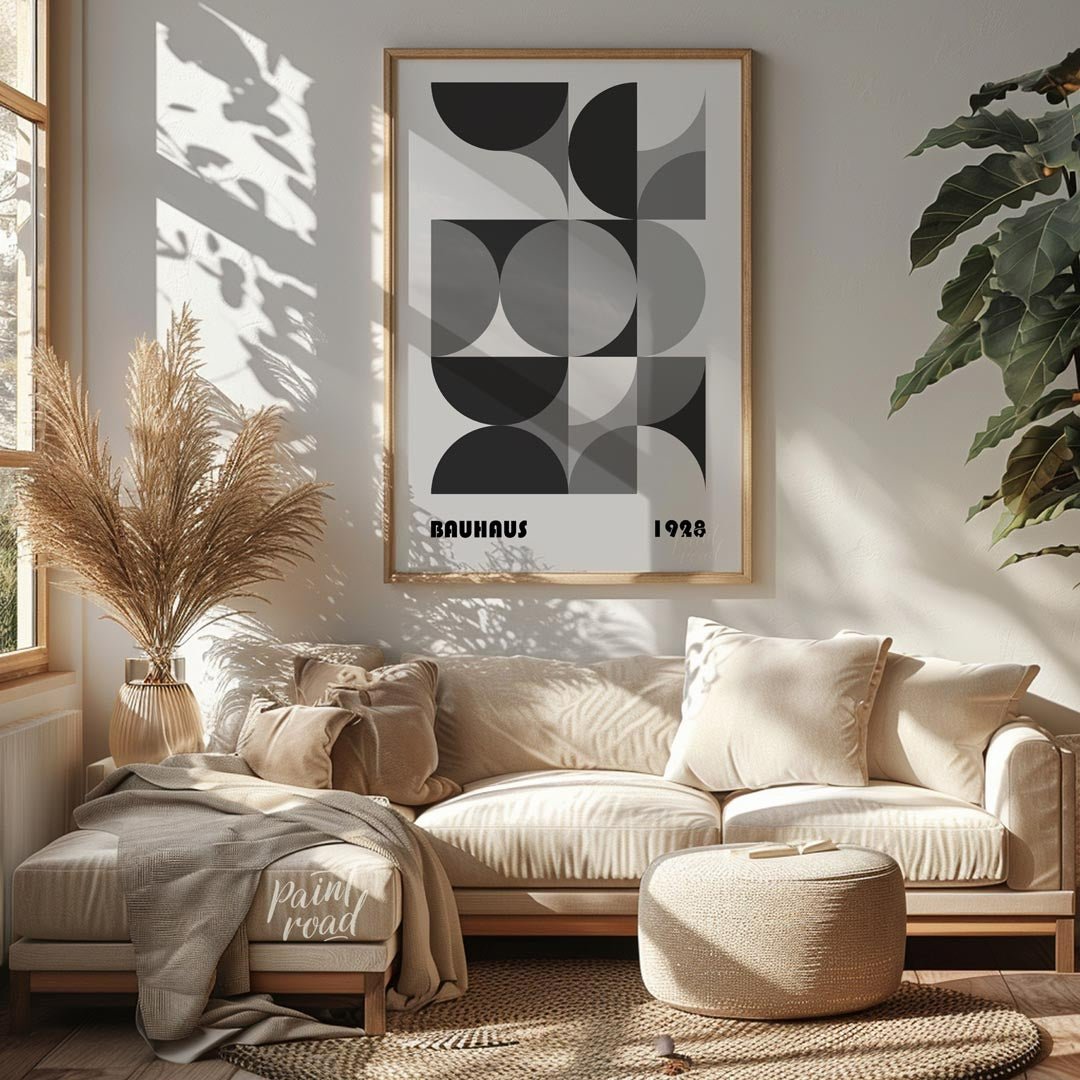 This compelling Bauhaus poster from 1928 presents a harmonious arrangement of circular and semi-cir… for living room