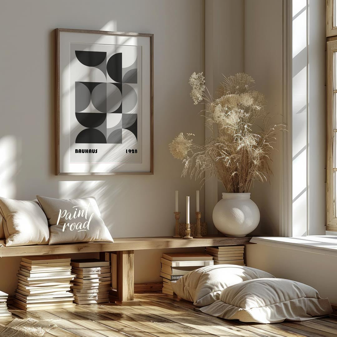 This compelling Bauhaus poster from 1928 presents a harmonious arrangement of circular and semi-cir… for living room