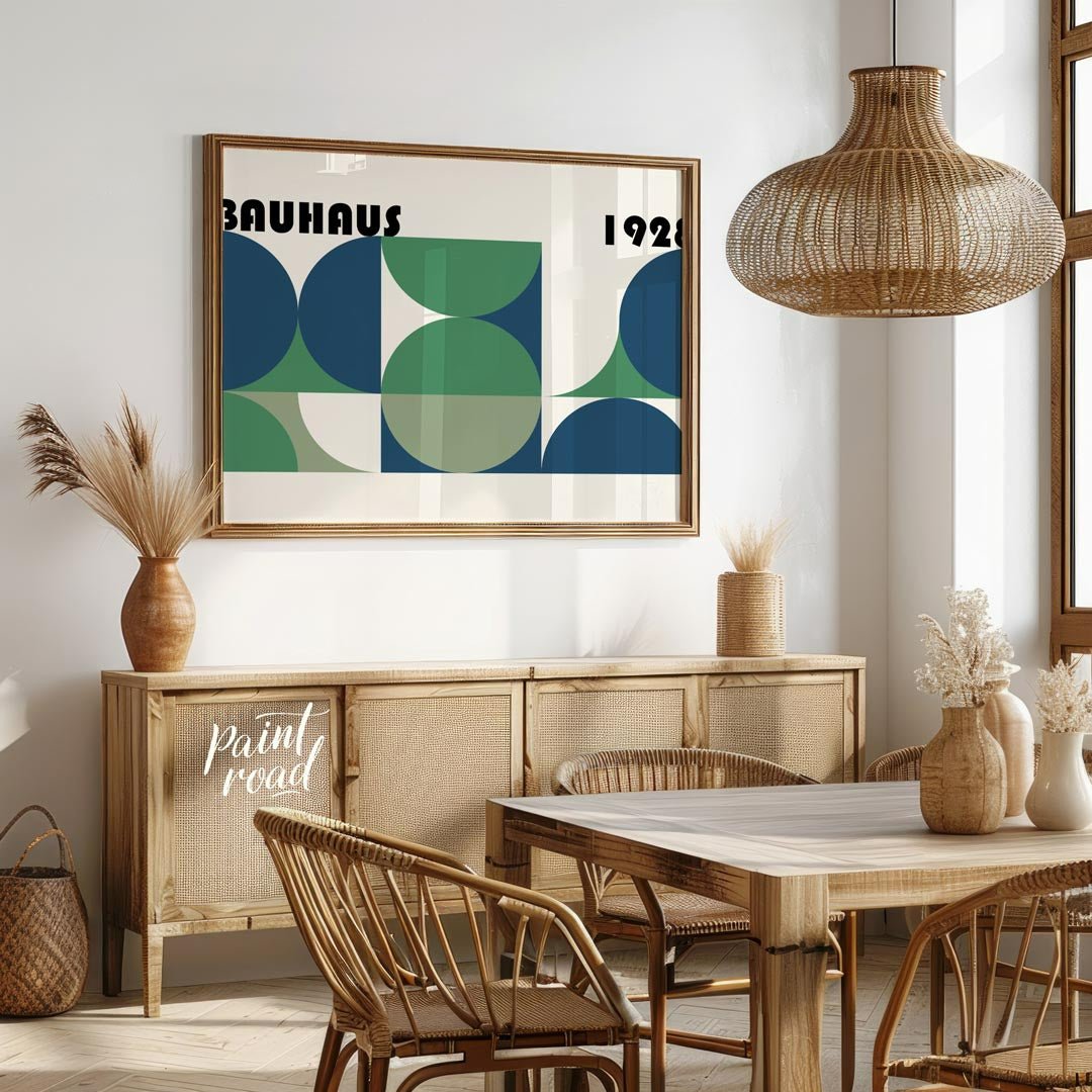 This compelling Bauhaus-inspired poster features a grid-like arrangement of squares and quadrants, … for dining room