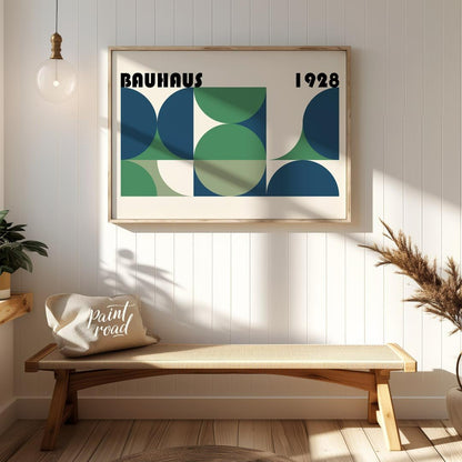 This compelling Bauhaus-inspired poster features a grid-like arrangement of squares and quadrants, … for entryway