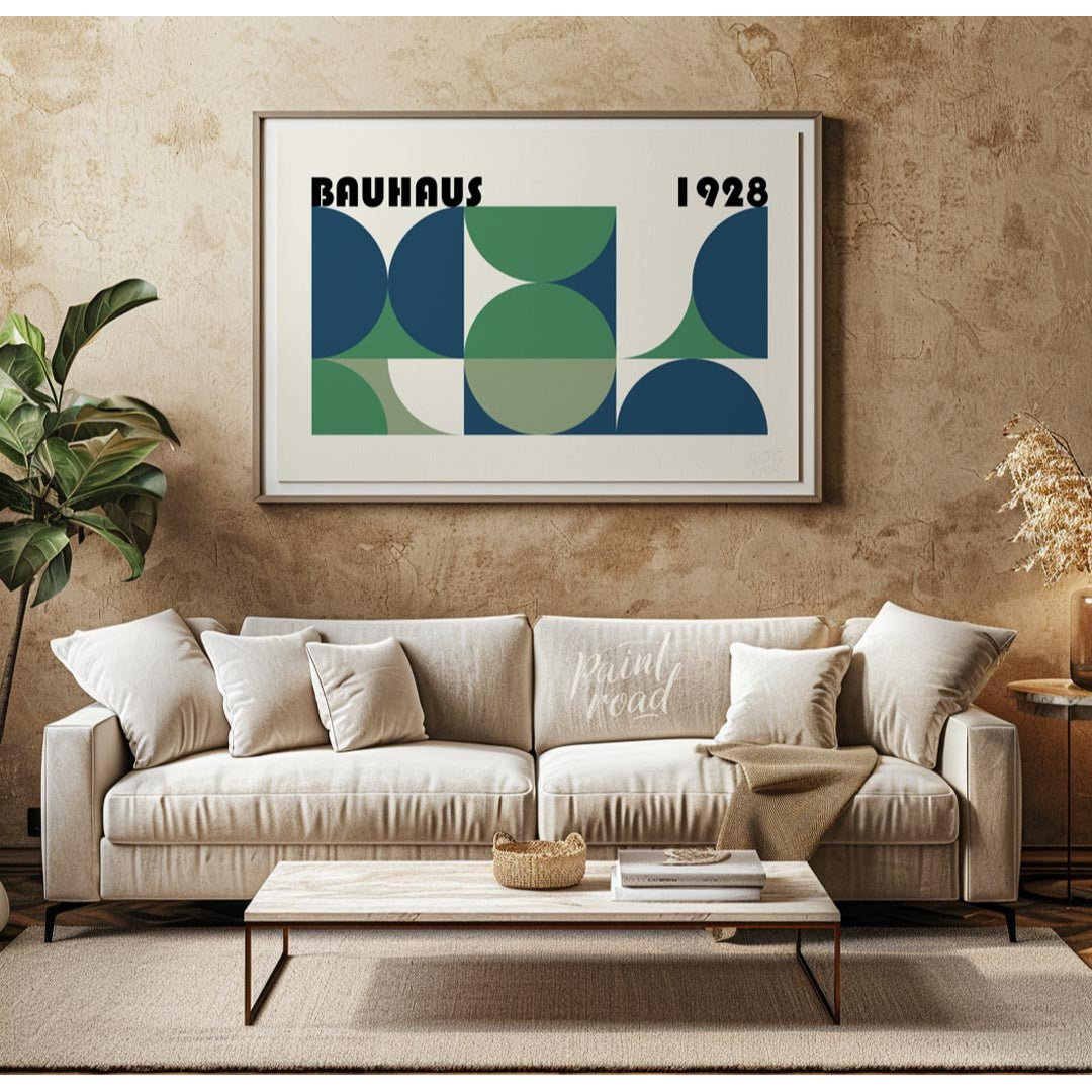 This compelling Bauhaus-inspired poster features a grid-like arrangement of squares and quadrants, … for living room