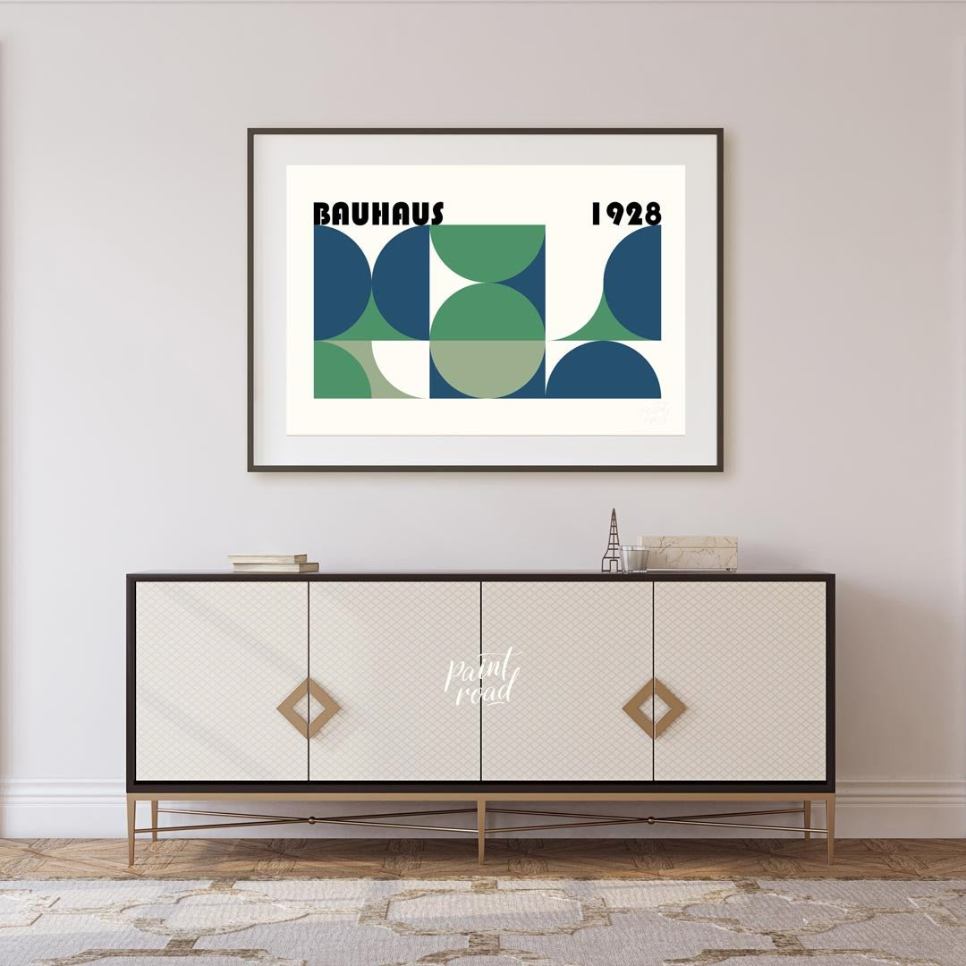 This compelling Bauhaus-inspired poster features a grid-like arrangement of squares and quadrants, … for living room