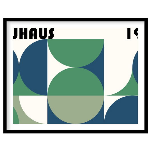 This compelling Bauhaus-inspired poster features a grid-like arrangement of squares and quadrants, … for place