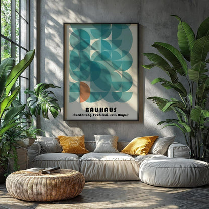 This dynamic Bauhaus exhibition poster from June, July, August 1928, is a masterclass in geometric … for living room