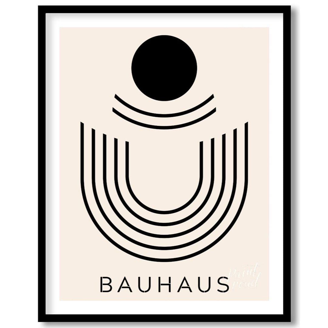 This minimalist Bauhaus-inspired print, "Bauhaus Abstract Arch," features a striking composition of… for abode