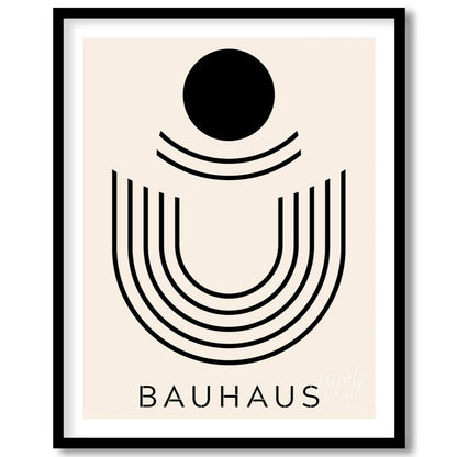 This minimalist Bauhaus-inspired print, "Bauhaus Abstract Arch," features a striking composition of… for abode