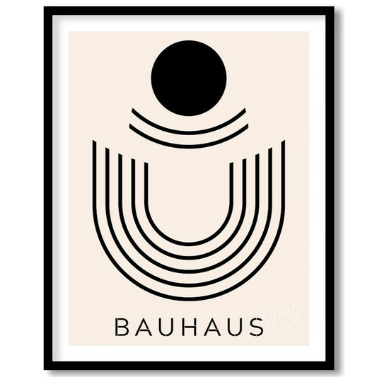 This minimalist Bauhaus-inspired print, "Bauhaus Abstract Arch," features a striking composition of… for abode