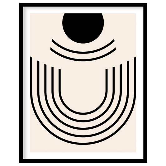 This minimalist Bauhaus-inspired print, "Bauhaus Abstract Arch," features a striking composition of… for abode