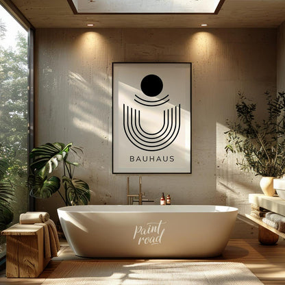 This minimalist Bauhaus-inspired print, "Bauhaus Abstract Arch," features a striking composition of… for bathroom