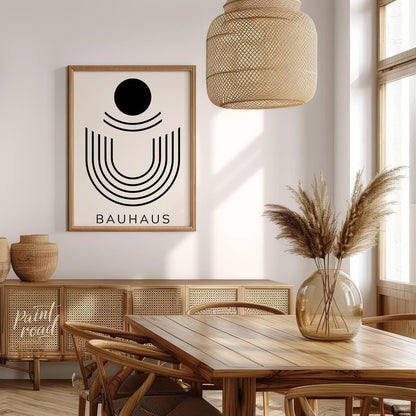 This minimalist Bauhaus-inspired print, "Bauhaus Abstract Arch," features a striking composition of… for dining room
