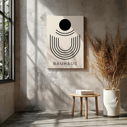 This minimalist Bauhaus-inspired print, "Bauhaus Abstract Arch," features a striking composition of… for entryway