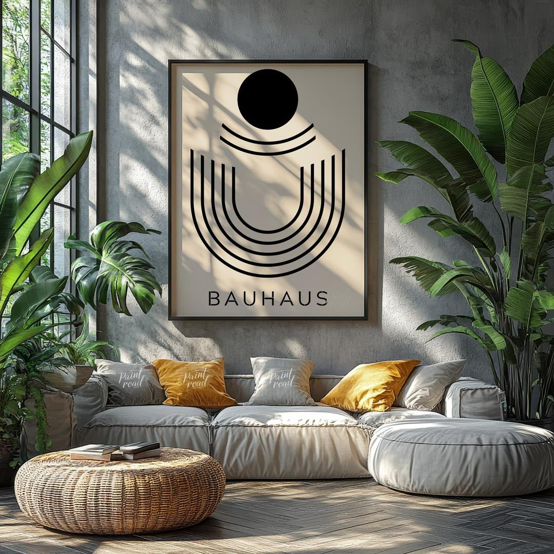 This minimalist Bauhaus-inspired print, "Bauhaus Abstract Arch," features a striking composition of… for living room