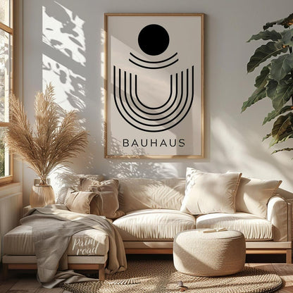 This minimalist Bauhaus-inspired print, "Bauhaus Abstract Arch," features a striking composition of… for living room