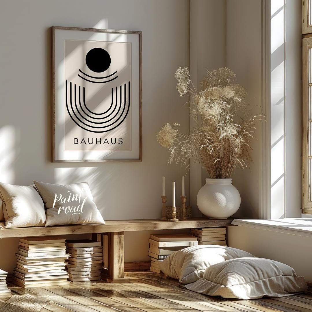 This minimalist Bauhaus-inspired print, "Bauhaus Abstract Arch," features a striking composition of… for living room