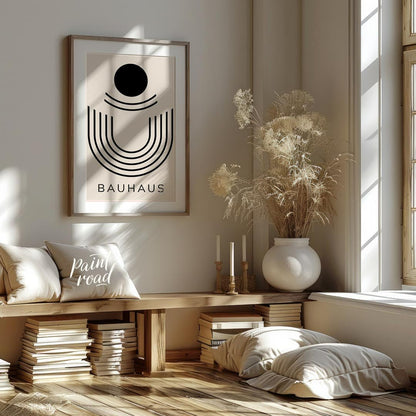 This minimalist Bauhaus-inspired print, "Bauhaus Abstract Arch," features a striking composition of… for living room
