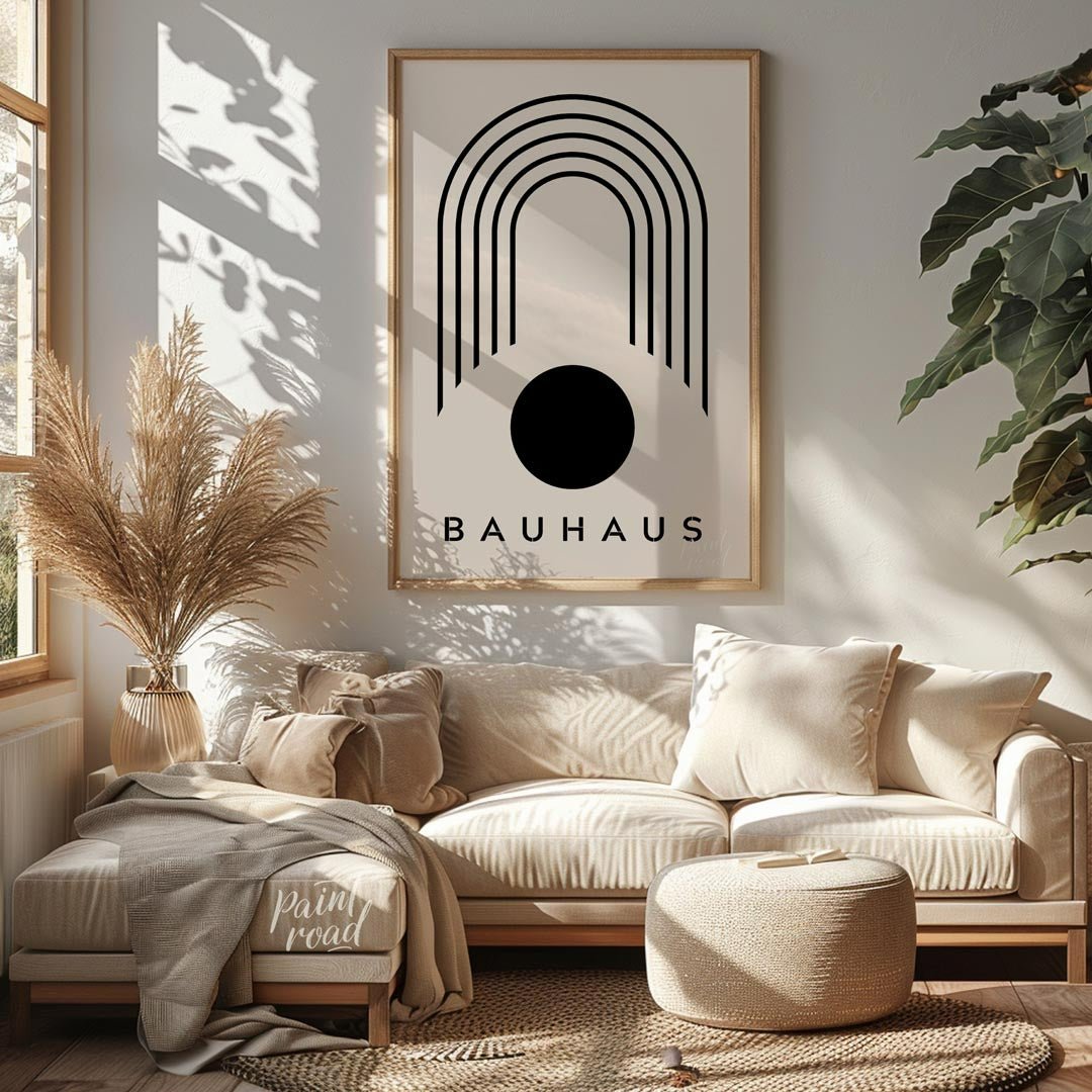 This minimalist art print embodies the iconic Bauhaus aesthetic, characterized by its clean lines, … for living room