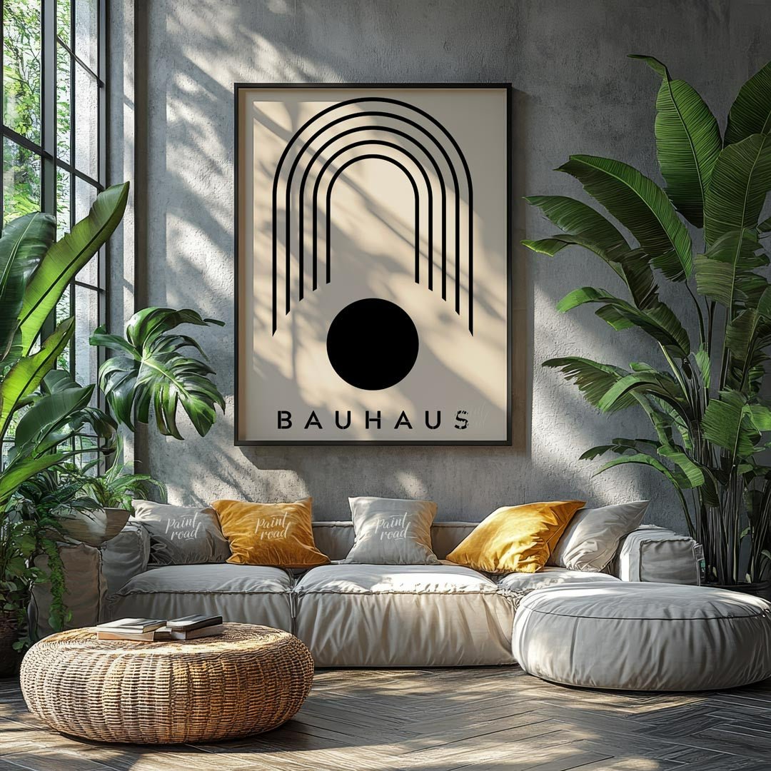 Bauhaus Arch & Circle Painting available online at Paintroad showing aesthetic art print and balanced