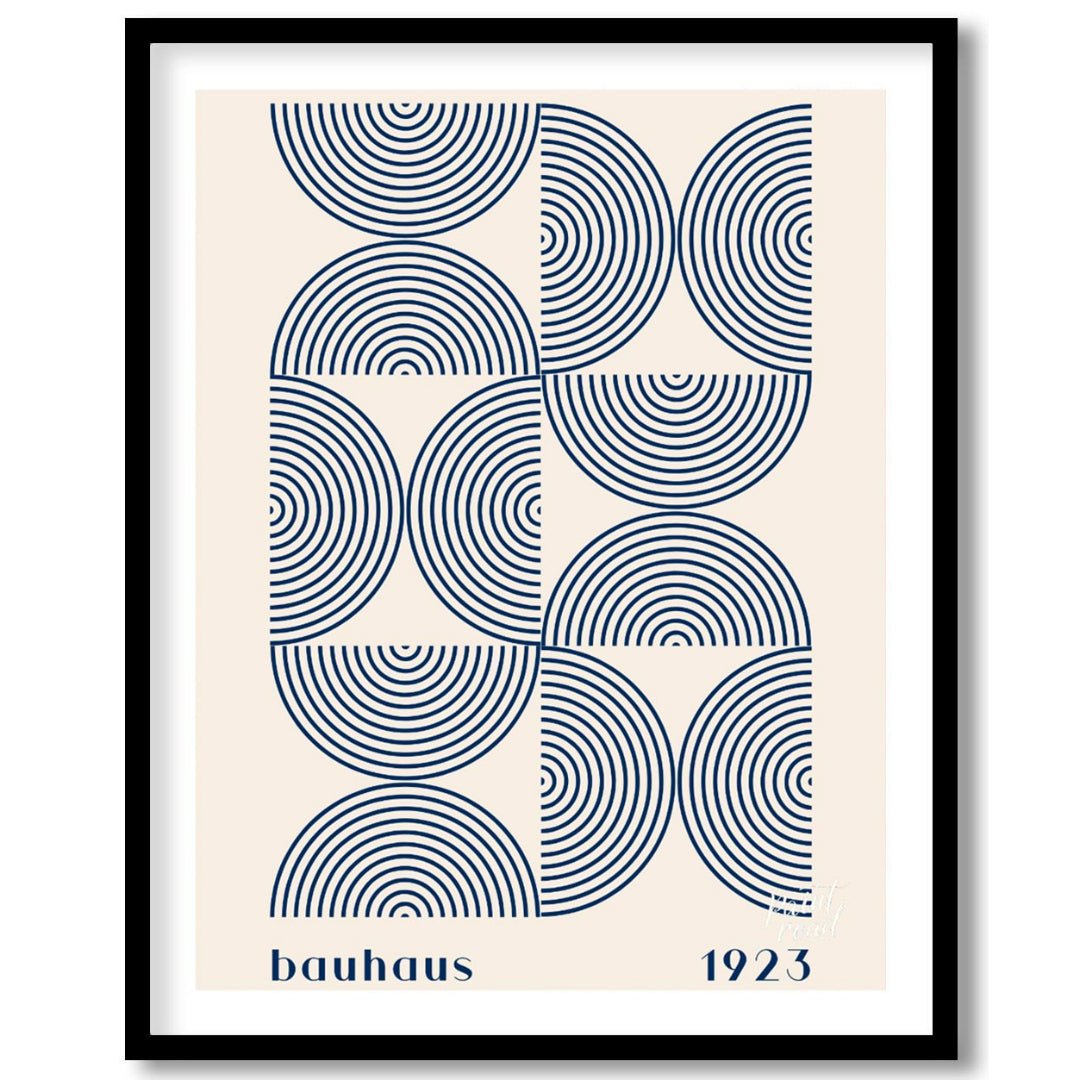 This captivating Bauhaus-inspired print, "Bauhaus Arcs and Circles," presents an intricate geometri… for area