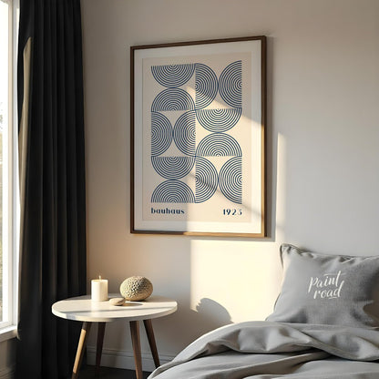 This captivating Bauhaus-inspired print, "Bauhaus Arcs and Circles," presents an intricate geometri… for bedroom