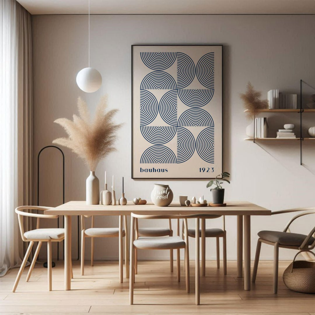 This captivating Bauhaus-inspired print, "Bauhaus Arcs and Circles," presents an intricate geometri… for dining room