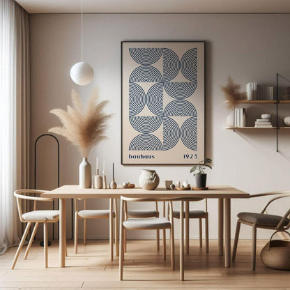 This captivating Bauhaus-inspired print, "Bauhaus Arcs and Circles," presents an intricate geometri… for dining room