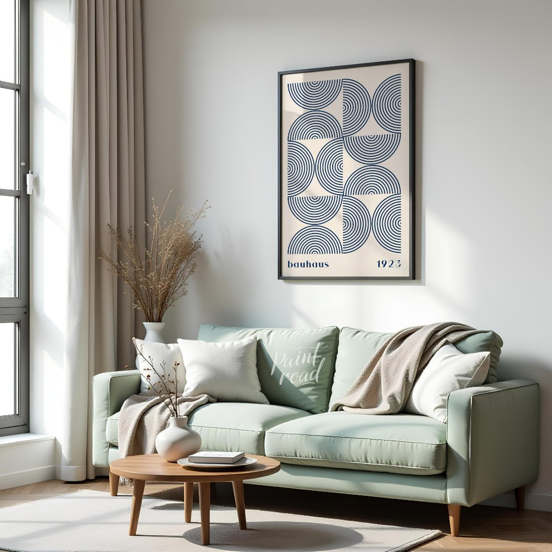 This captivating Bauhaus-inspired print, "Bauhaus Arcs and Circles," presents an intricate geometri… for living room