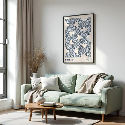 This captivating Bauhaus-inspired print, "Bauhaus Arcs and Circles," presents an intricate geometri… for living room