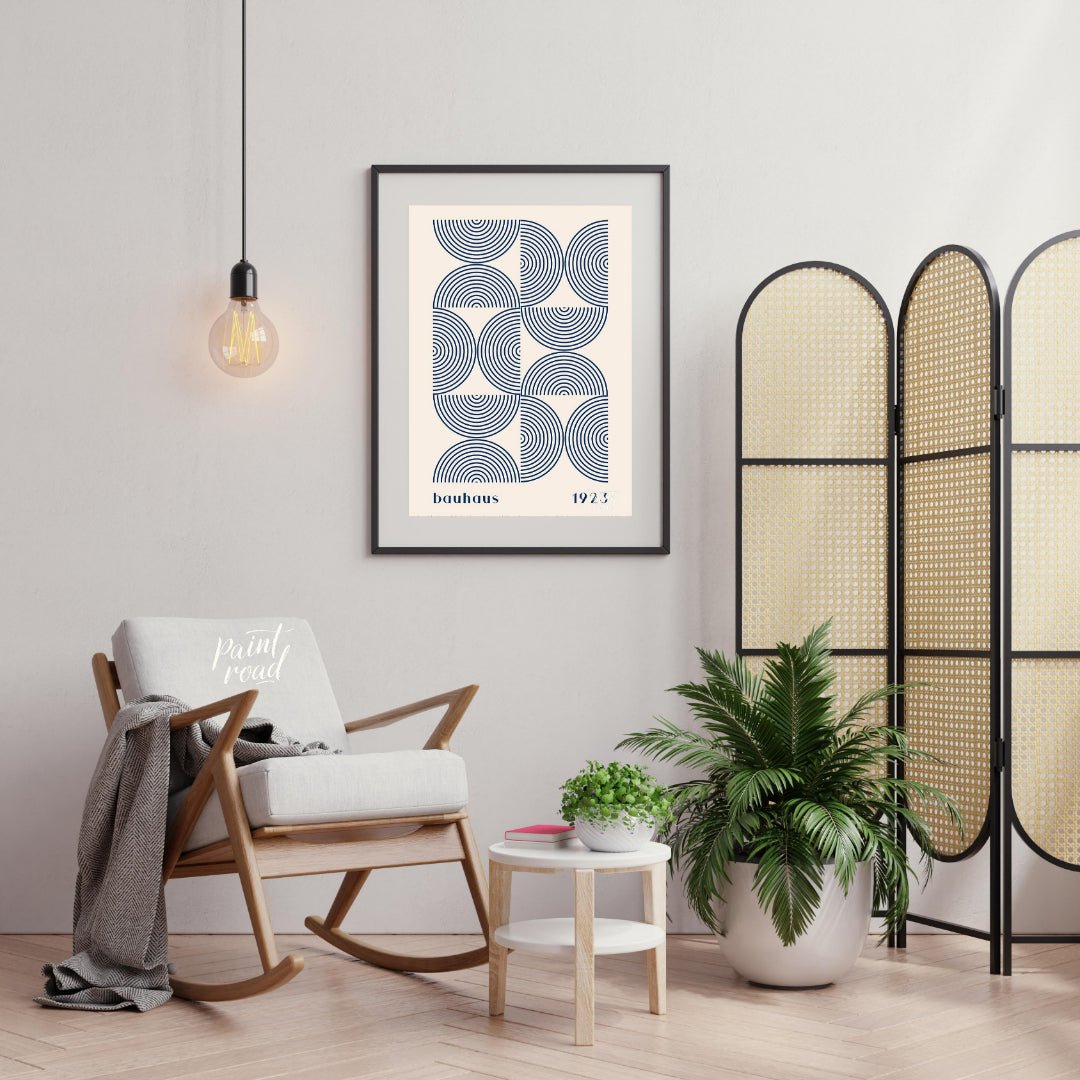 This captivating Bauhaus-inspired print, "Bauhaus Arcs and Circles," presents an intricate geometri… for living room
