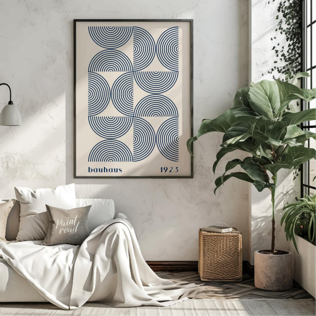This captivating Bauhaus-inspired print, "Bauhaus Arcs and Circles," presents an intricate geometri… for living room