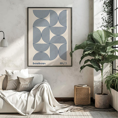 This captivating Bauhaus-inspired print, "Bauhaus Arcs and Circles," presents an intricate geometri… for living room