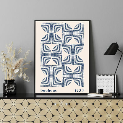 This captivating Bauhaus-inspired print, "Bauhaus Arcs and Circles," presents an intricate geometri… for office