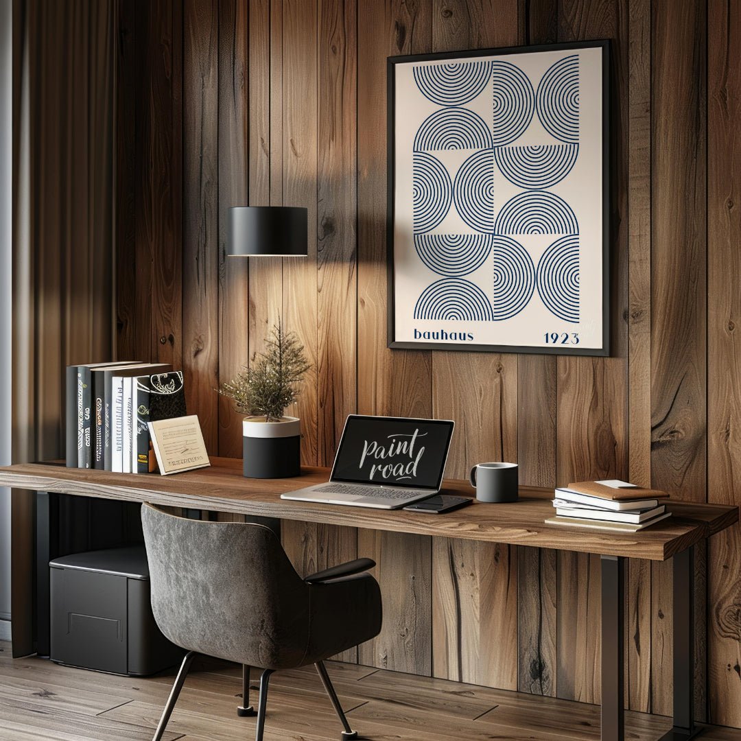 This captivating Bauhaus-inspired print, "Bauhaus Arcs and Circles," presents an intricate geometri… for office