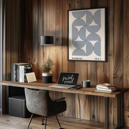 This captivating Bauhaus-inspired print, "Bauhaus Arcs and Circles," presents an intricate geometri… for office
