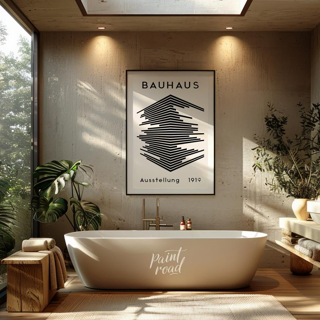 This iconic poster, "Bauhaus Ausstellung 1919," embodies the core principles of the Bauhaus movemen… for bathroom