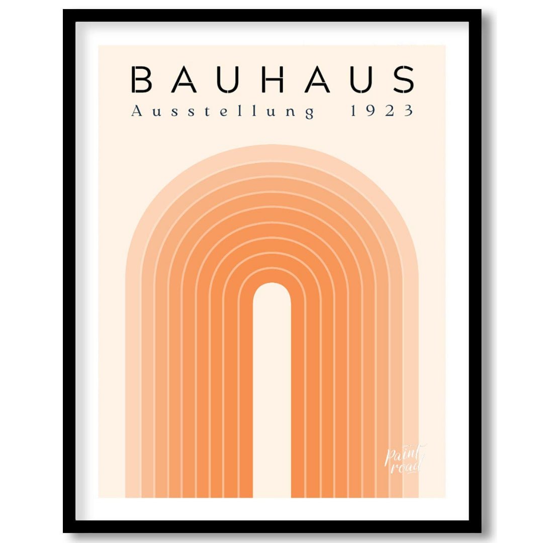 This elegant Bauhaus-inspired poster features a series of concentric arches in varying shades of or… for area