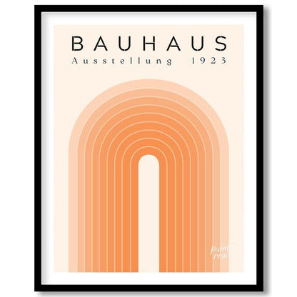 This elegant Bauhaus-inspired poster features a series of concentric arches in varying shades of or… for area