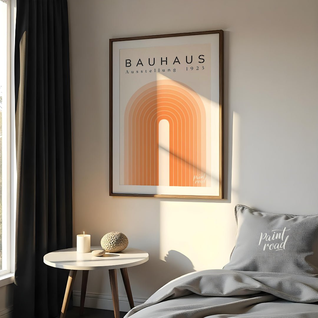 This elegant Bauhaus-inspired poster features a series of concentric arches in varying shades of or… for bedroom
