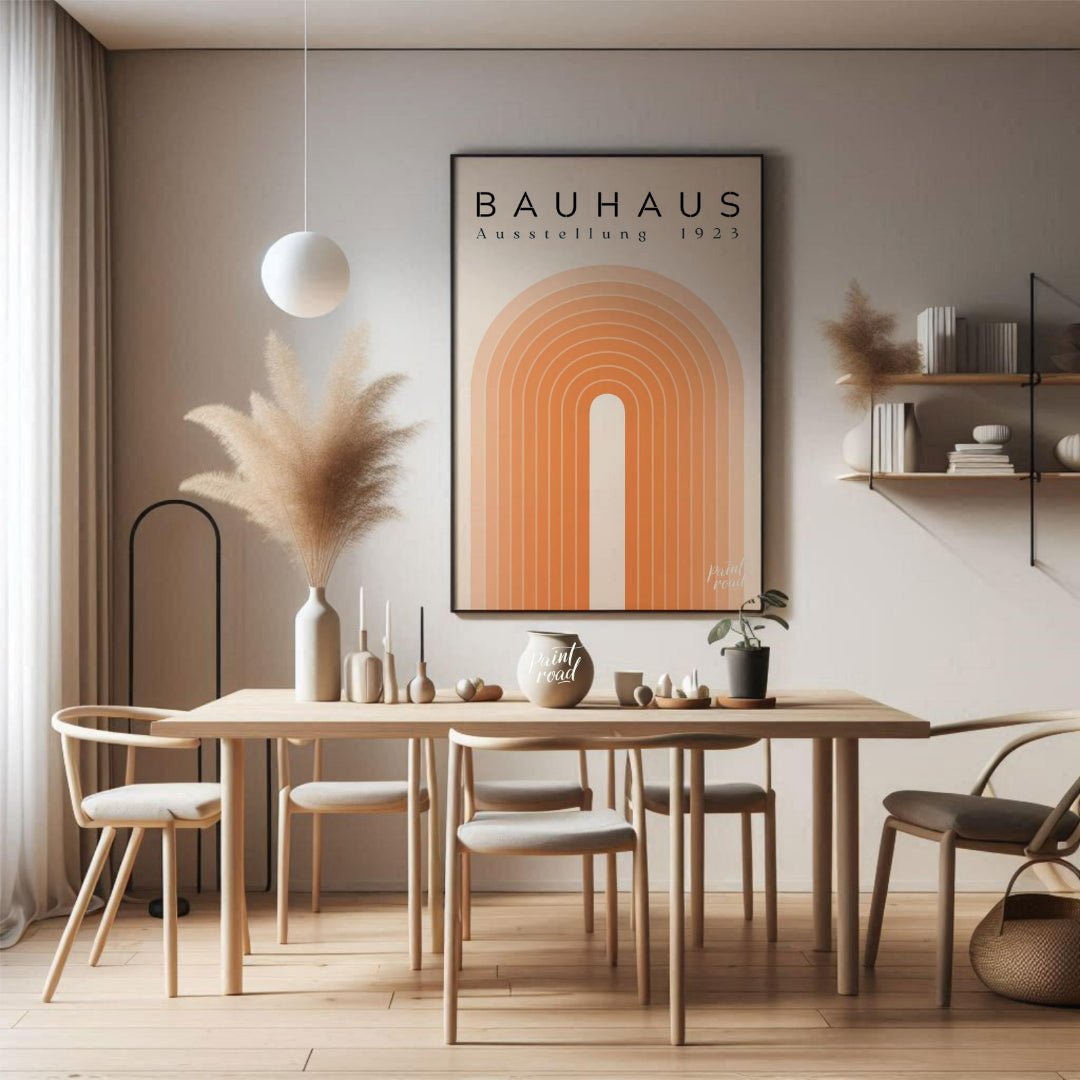 This elegant Bauhaus-inspired poster features a series of concentric arches in varying shades of or… for dining room