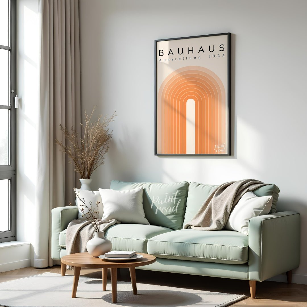 This elegant Bauhaus-inspired poster features a series of concentric arches in varying shades of or… for living room