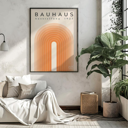 This elegant Bauhaus-inspired poster features a series of concentric arches in varying shades of or… for living room