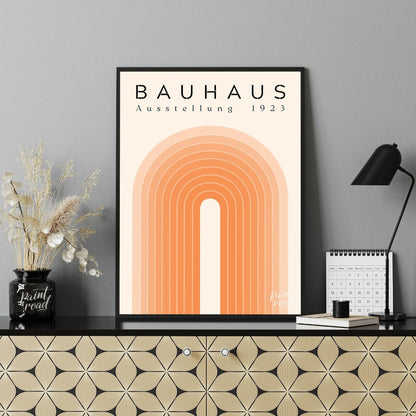 This elegant Bauhaus-inspired poster features a series of concentric arches in varying shades of or… for office