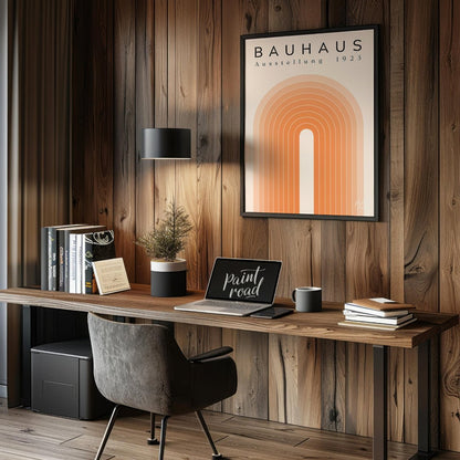 This elegant Bauhaus-inspired poster features a series of concentric arches in varying shades of or… for office