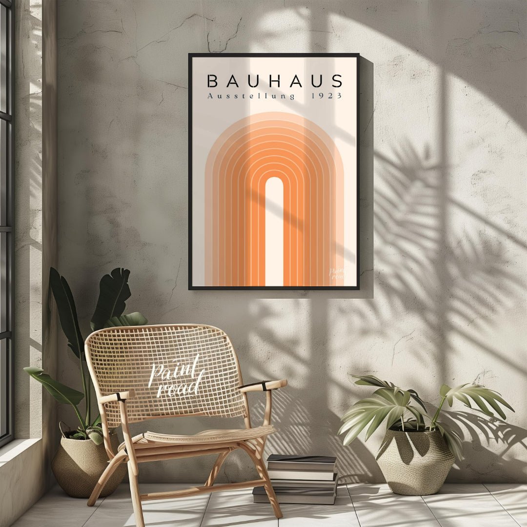 This elegant Bauhaus-inspired poster features a series of concentric arches in varying shades of or… for other
