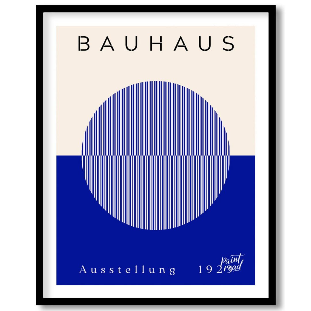 This Bauhaus-inspired poster features a large, off-white circle filled with thin, vertical blue str… for area