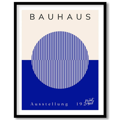 This Bauhaus-inspired poster features a large, off-white circle filled with thin, vertical blue str… for area