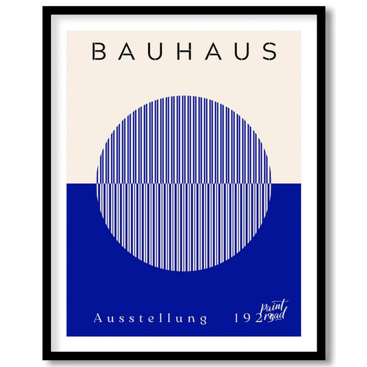 This Bauhaus-inspired poster features a large, off-white circle filled with thin, vertical blue str… for area